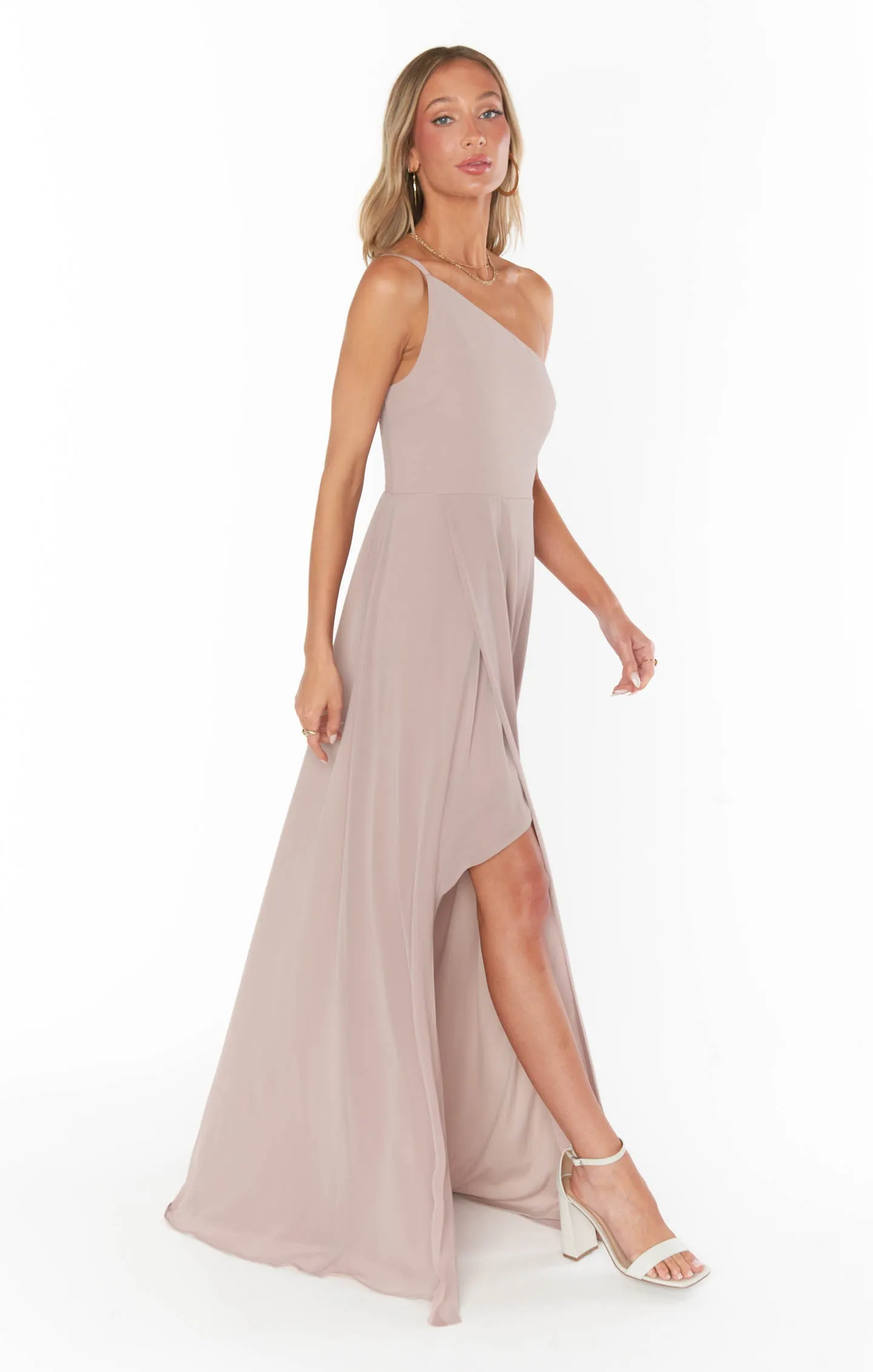 Shannon One Shoulder Dress ~ Soft Beige Chiffon