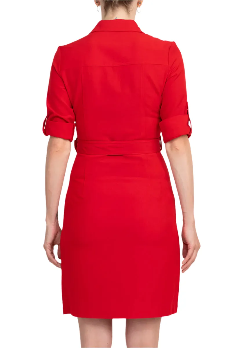 Sharagano Collared Short SLeeve Zipper Front Belted Solid Rayon Dress