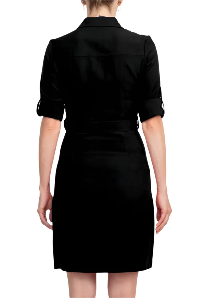 Sharagano Collared Short SLeeve Zipper Front Belted Solid Rayon Dress
