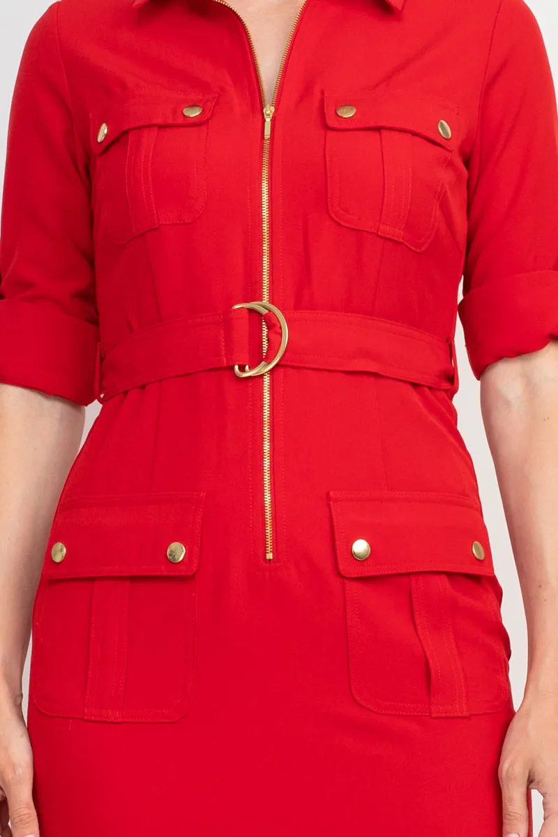 Sharagano Collared Short SLeeve Zipper Front Belted Solid Rayon Dress