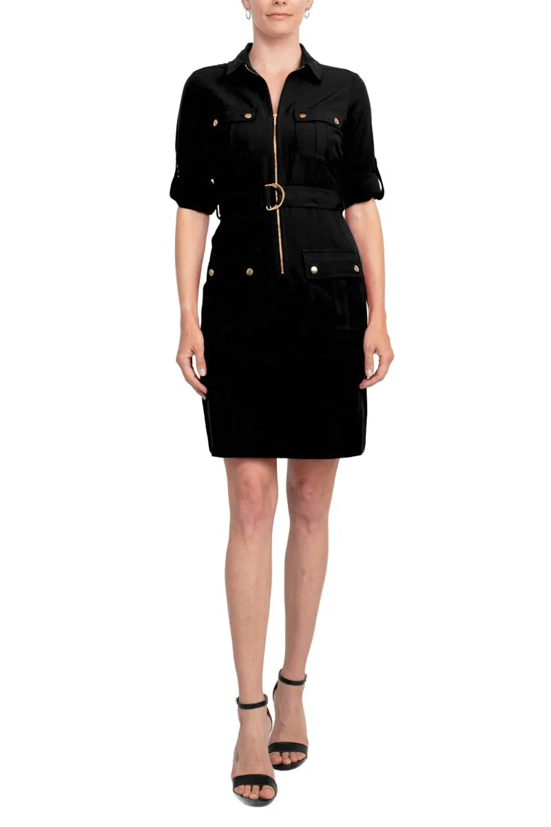 Sharagano Collared Short SLeeve Zipper Front Belted Solid Rayon Dress