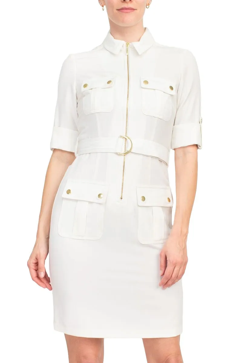 Sharagano Collared Short SLeeve Zipper Front Belted Solid Rayon Dress
