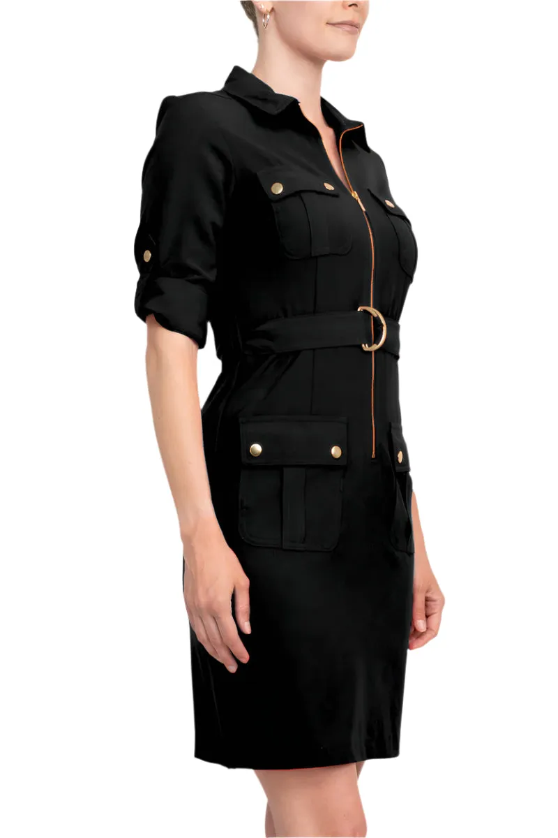 Sharagano Collared Short SLeeve Zipper Front Belted Solid Rayon Dress