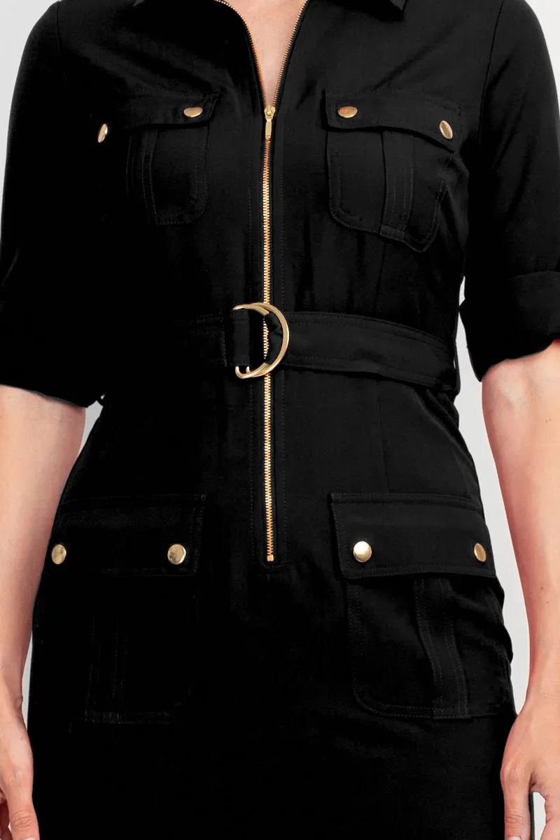 Sharagano Collared Short SLeeve Zipper Front Belted Solid Rayon Dress