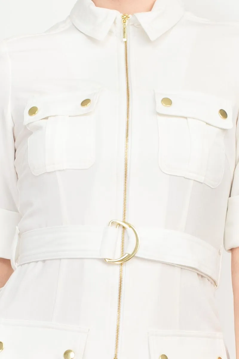 Sharagano Collared Short SLeeve Zipper Front Belted Solid Rayon Dress