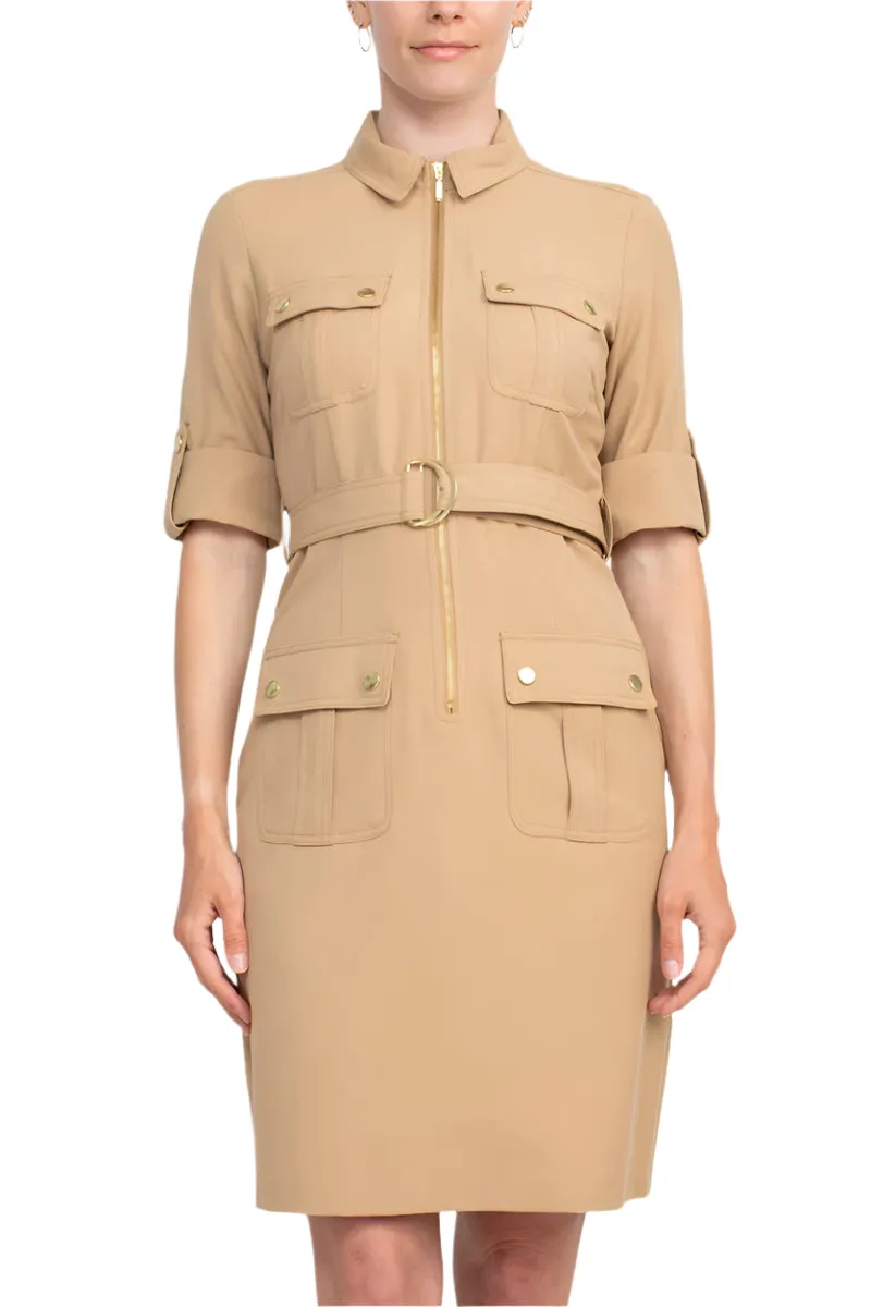 Sharagano Collared Short SLeeve Zipper Front Belted Solid Rayon Dress