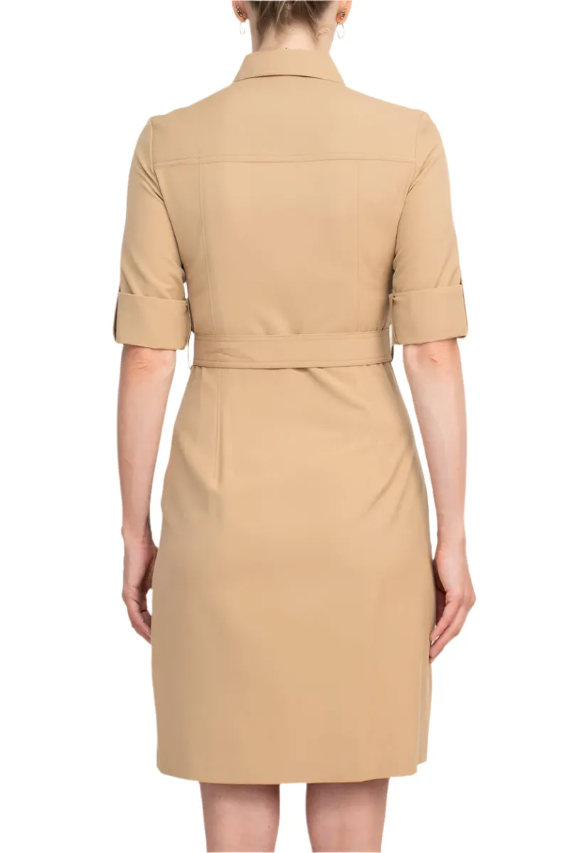 Sharagano Collared Short SLeeve Zipper Front Belted Solid Rayon Dress