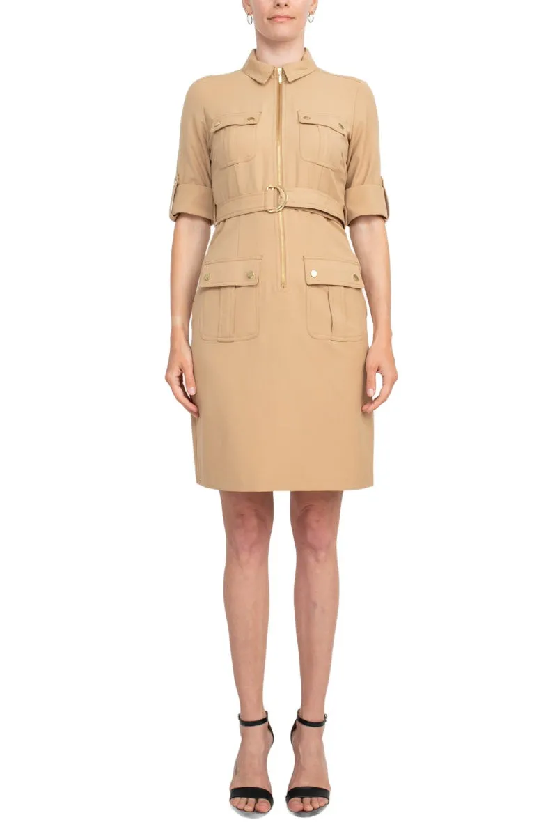 Sharagano Collared Short SLeeve Zipper Front Belted Solid Rayon Dress