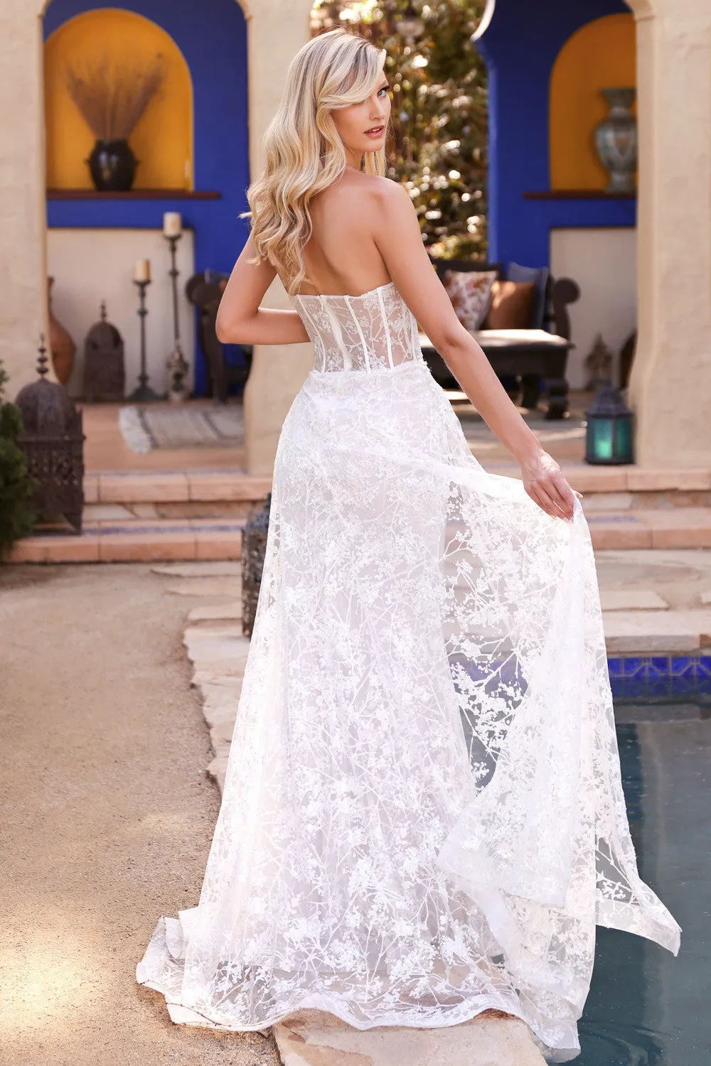 Sheer, Floral-Embellished Bridal Gown w/ Mermaid Skirt & Royal Elegance