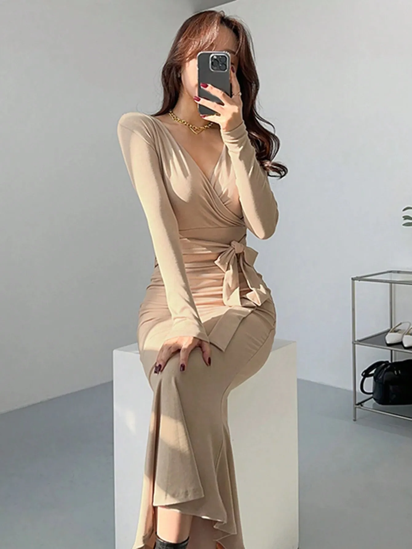 SHEIN DAZY Women's Solid Color Wrap Belted Midi Dress