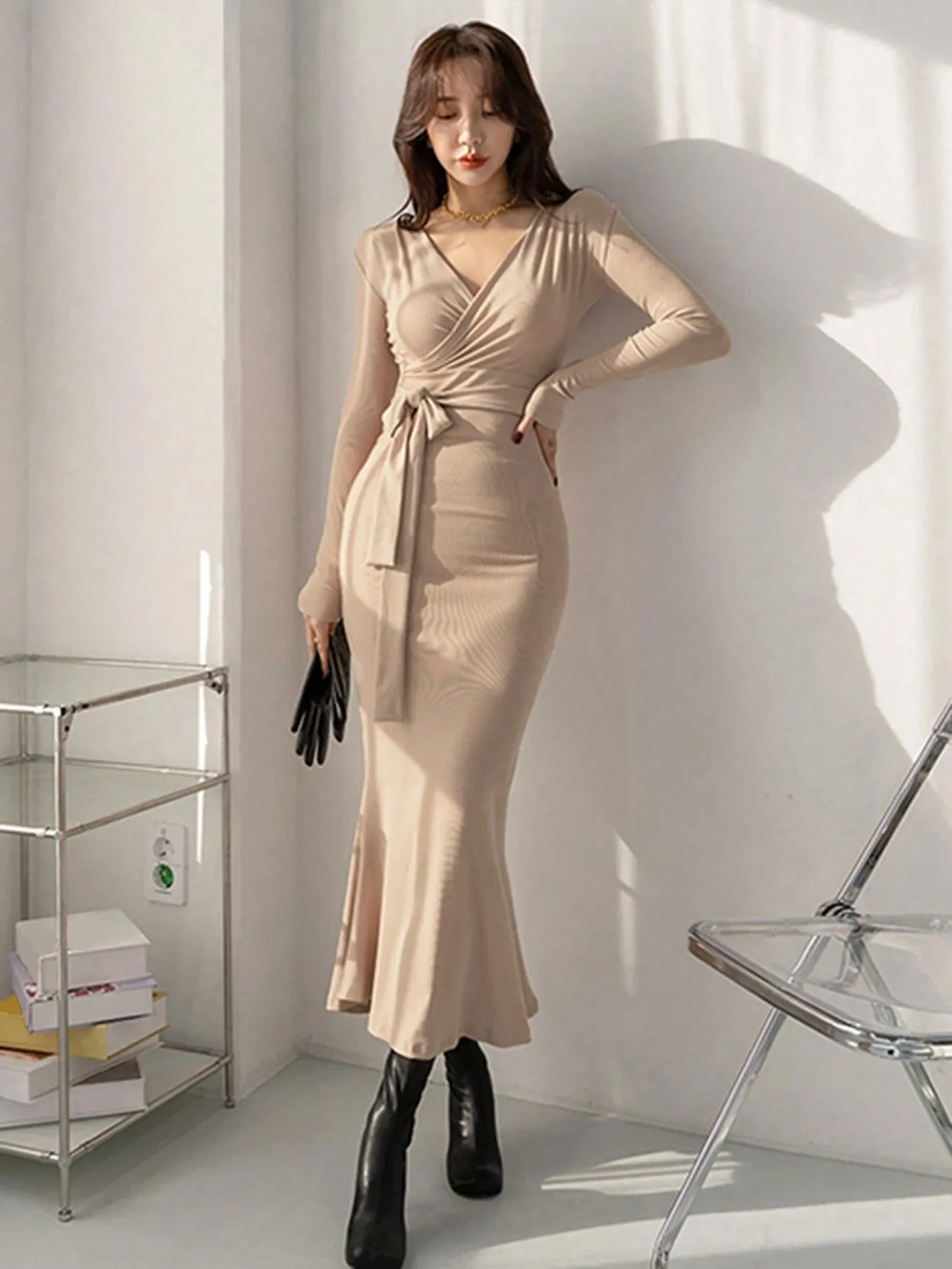 SHEIN DAZY Women's Solid Color Wrap Belted Midi Dress