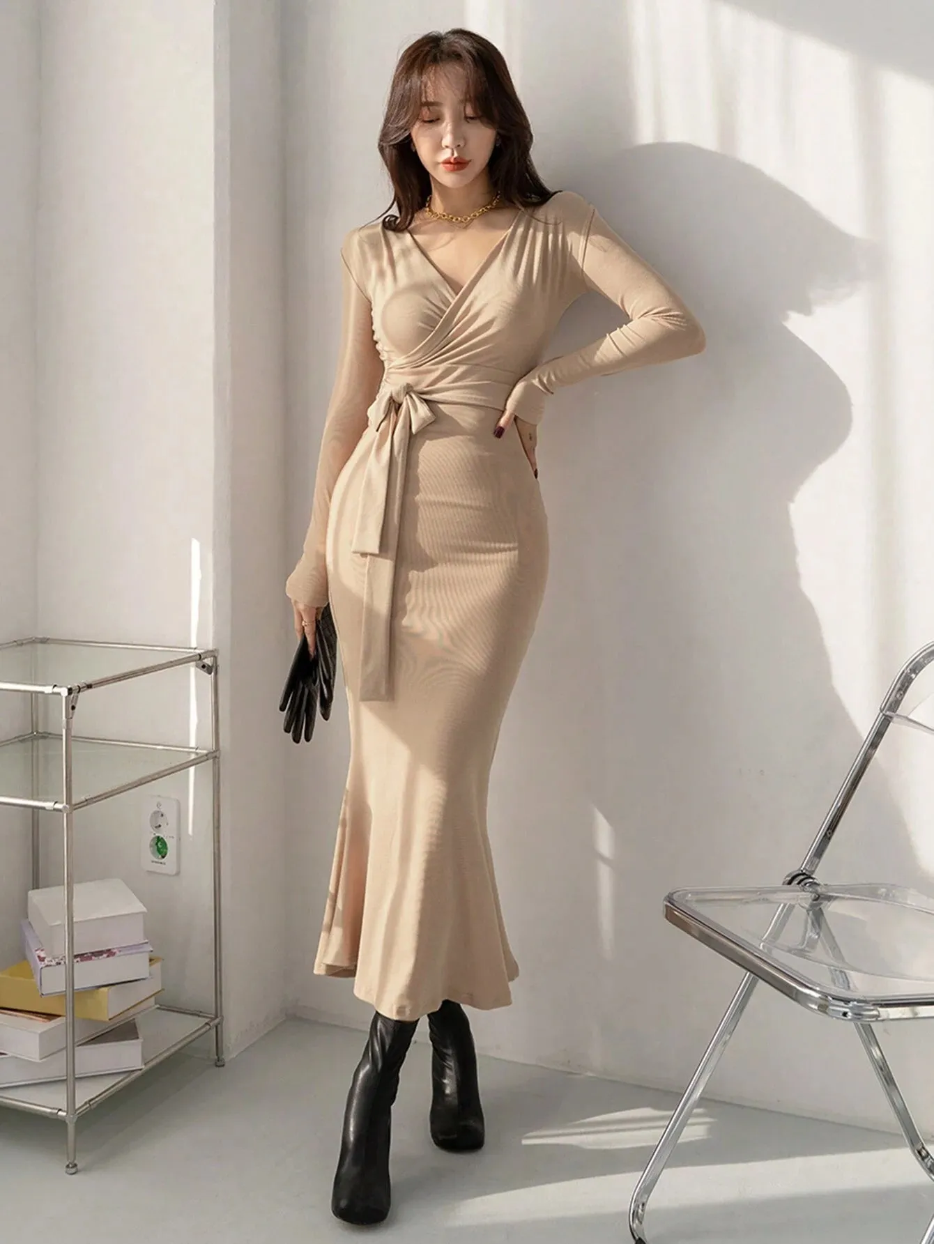 SHEIN DAZY Women's Solid Color Wrap Belted Midi Dress