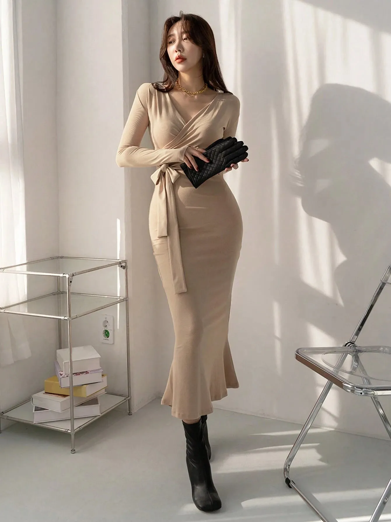SHEIN DAZY Women's Solid Color Wrap Belted Midi Dress