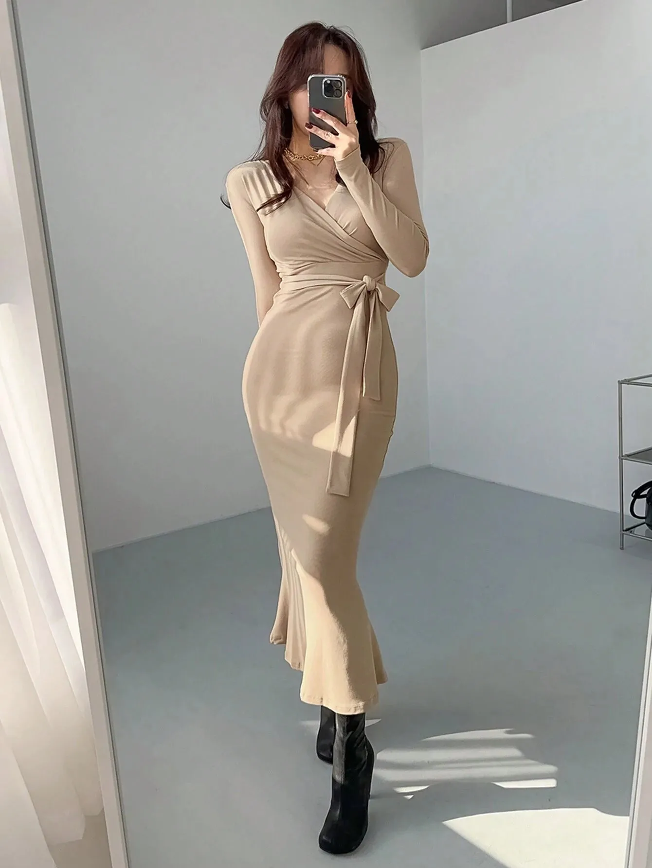 SHEIN DAZY Women's Solid Color Wrap Belted Midi Dress