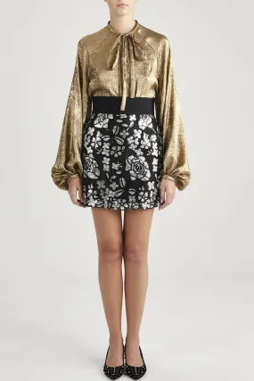 Shirt with Pussybow Collar & Floral Mini Skirt