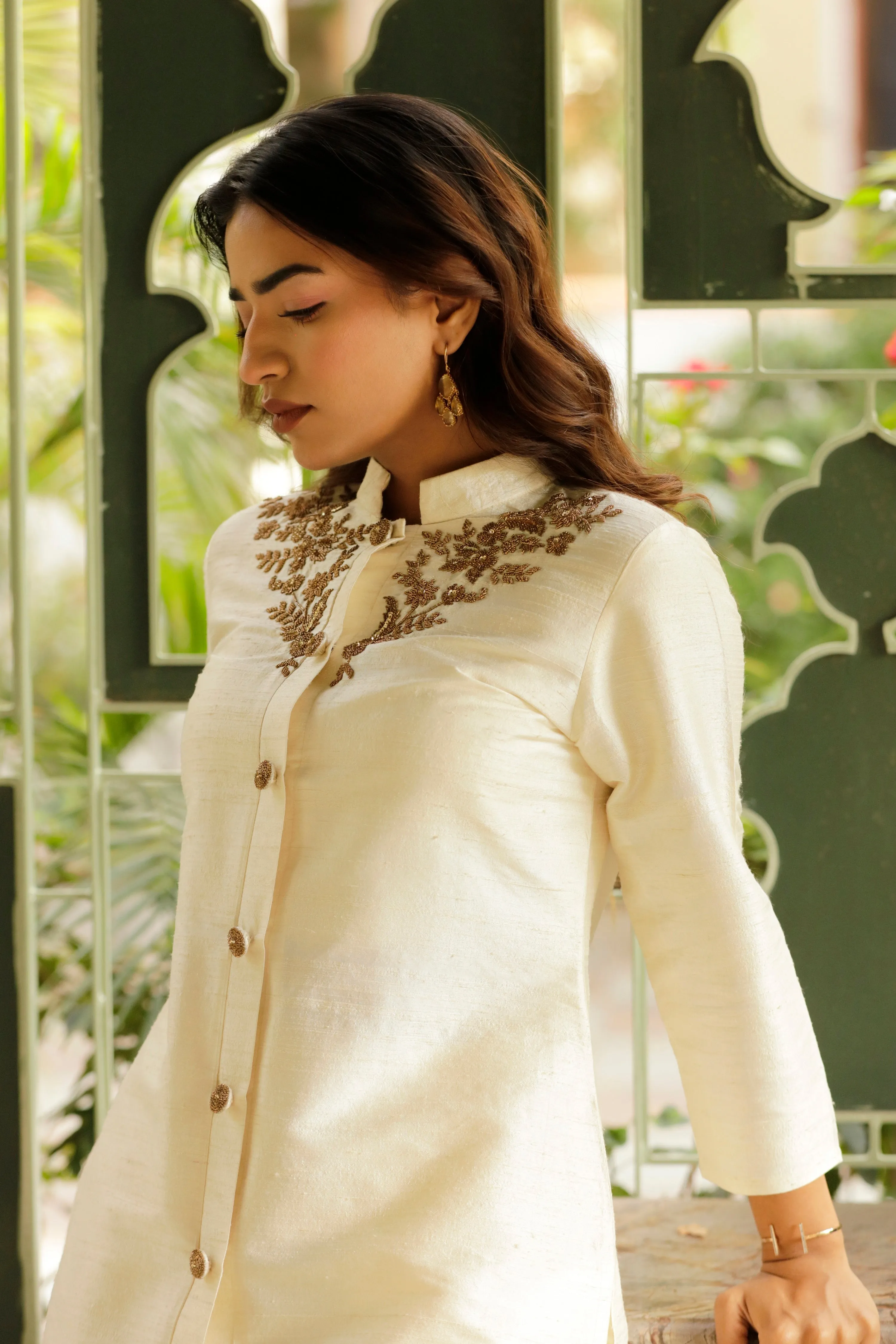 Silk Dupion Hand- Embroidered Co-Ord Set - Off White