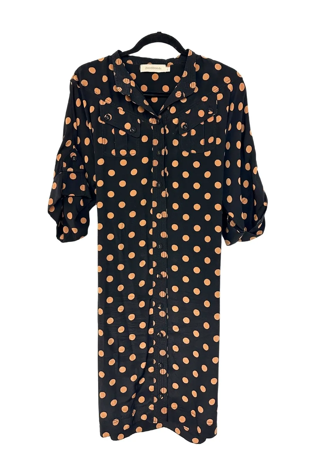 Silk Utility Dress in Black and Tan Dot