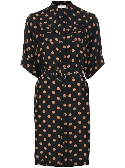 Silk Utility Dress in Black and Tan Dot