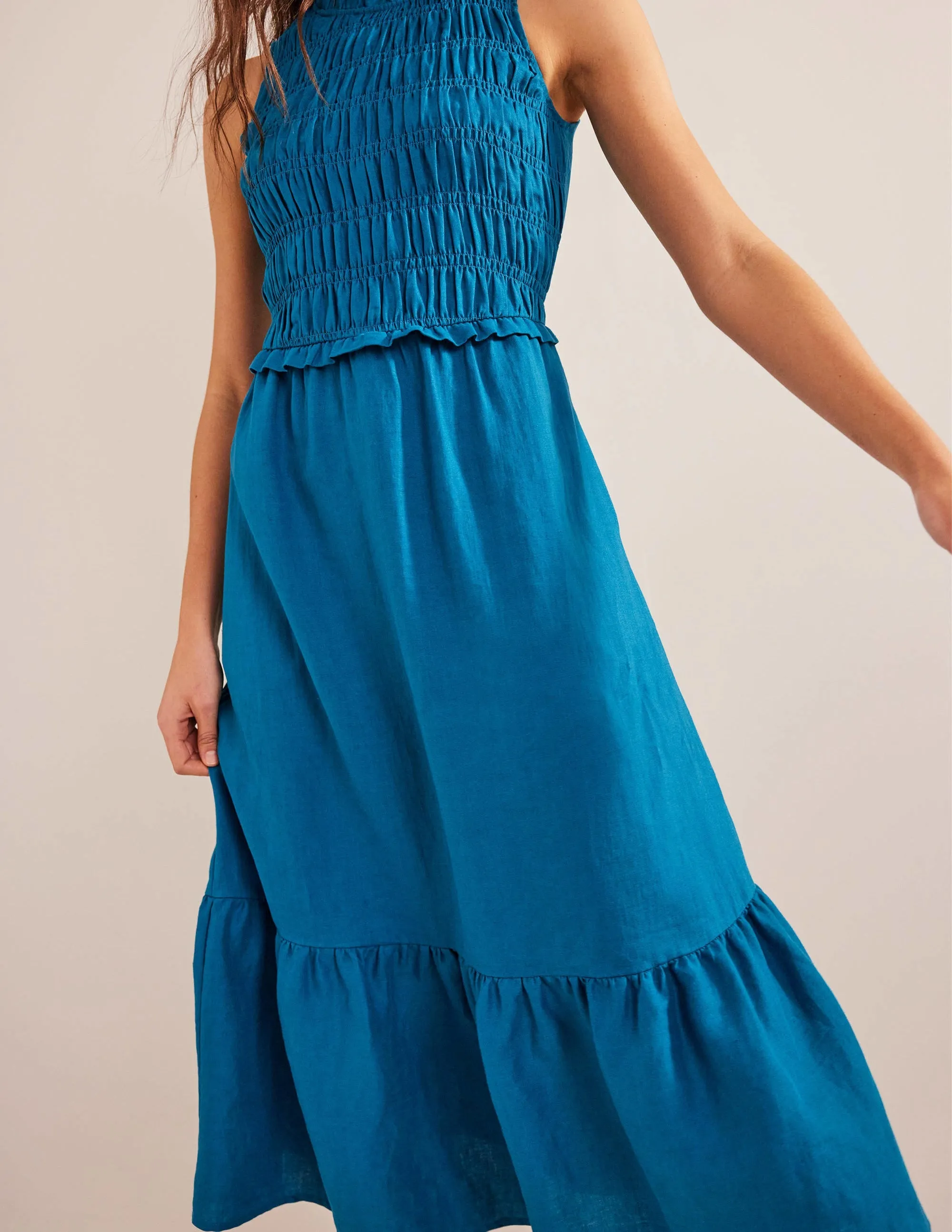 Smocked Linen Midi Dress-Crystal Teal