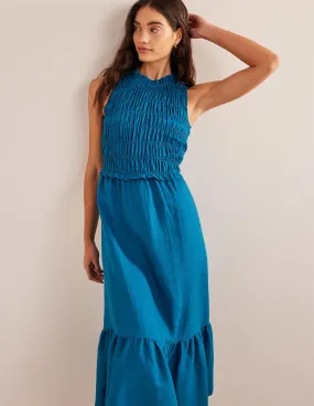 Smocked Linen Midi Dress-Crystal Teal