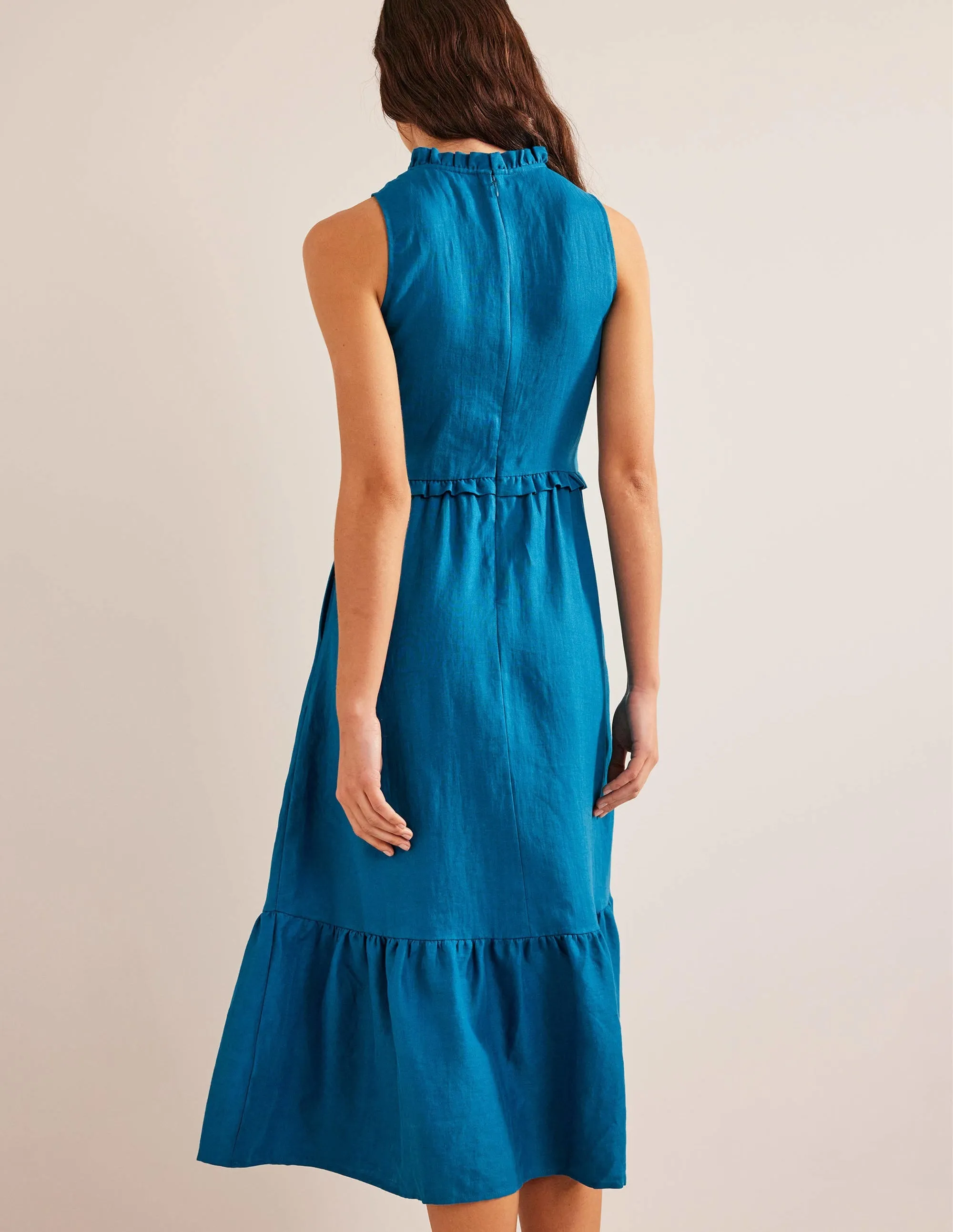Smocked Linen Midi Dress-Crystal Teal