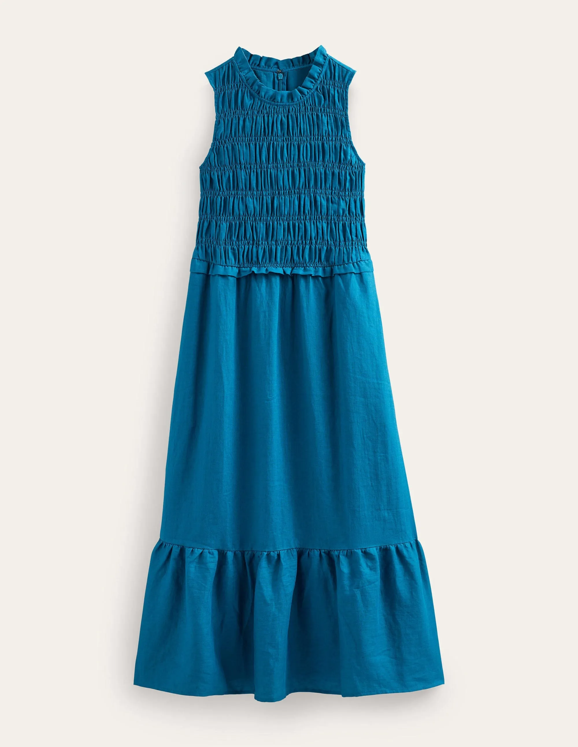 Smocked Linen Midi Dress-Crystal Teal