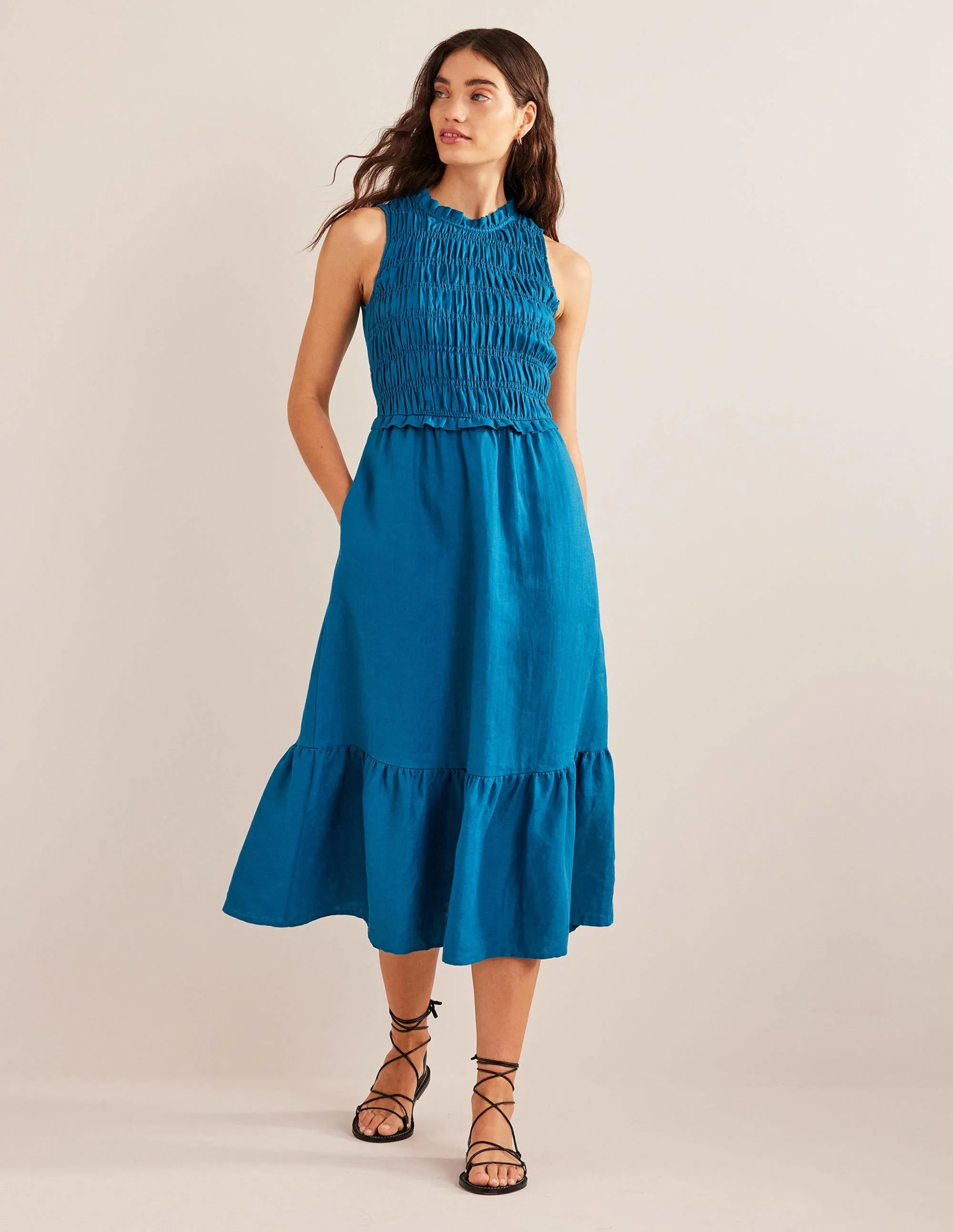 Smocked Linen Midi Dress-Crystal Teal