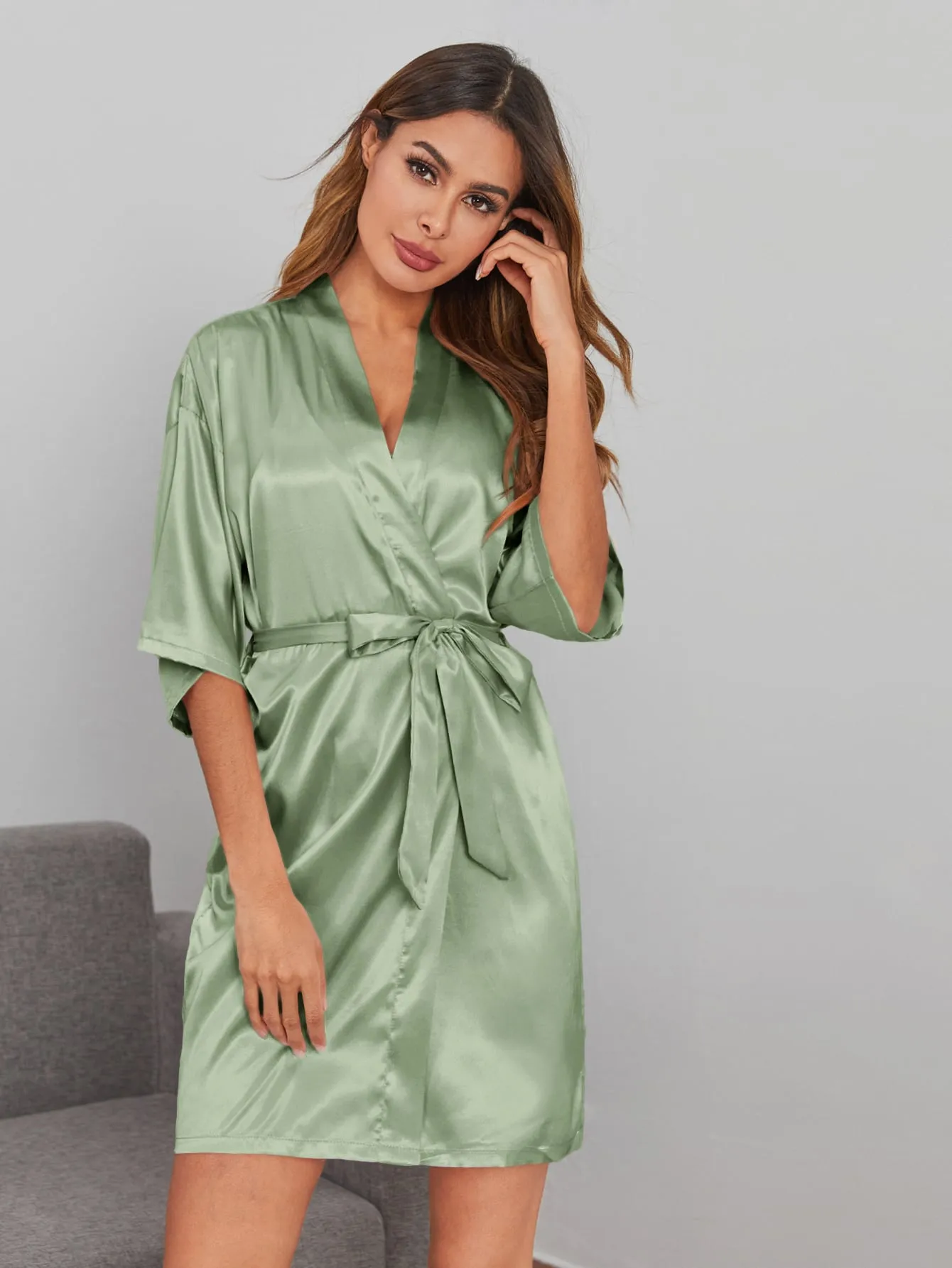 Solid Satin Belted Robe