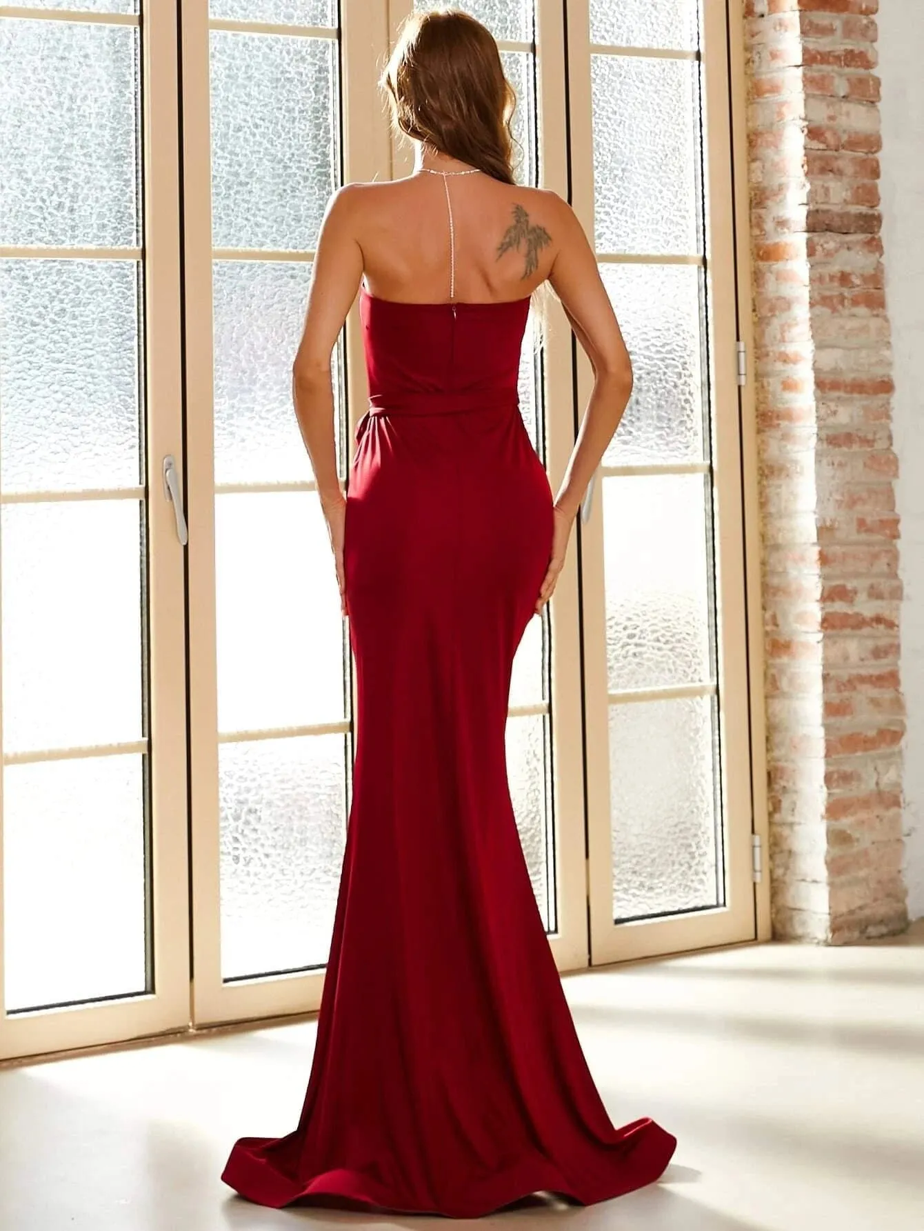 Split Thigh Belted Floor Length Tube Red Prom Dress XJ198