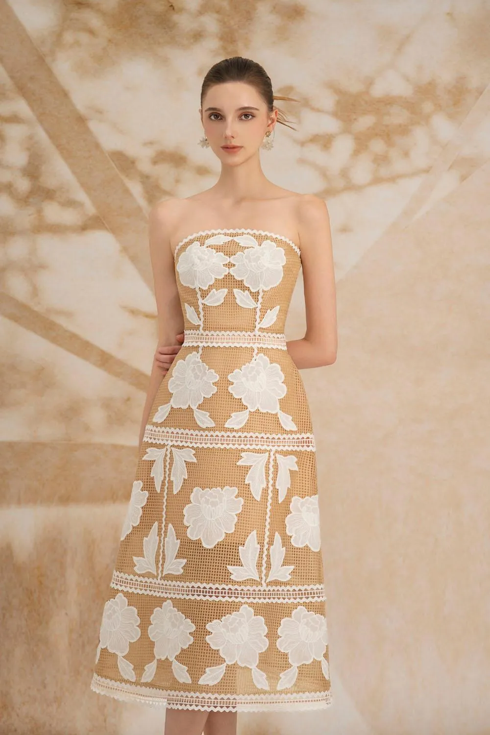 Stella A-line Straight Across Neck Mesh Lace Midi Dress