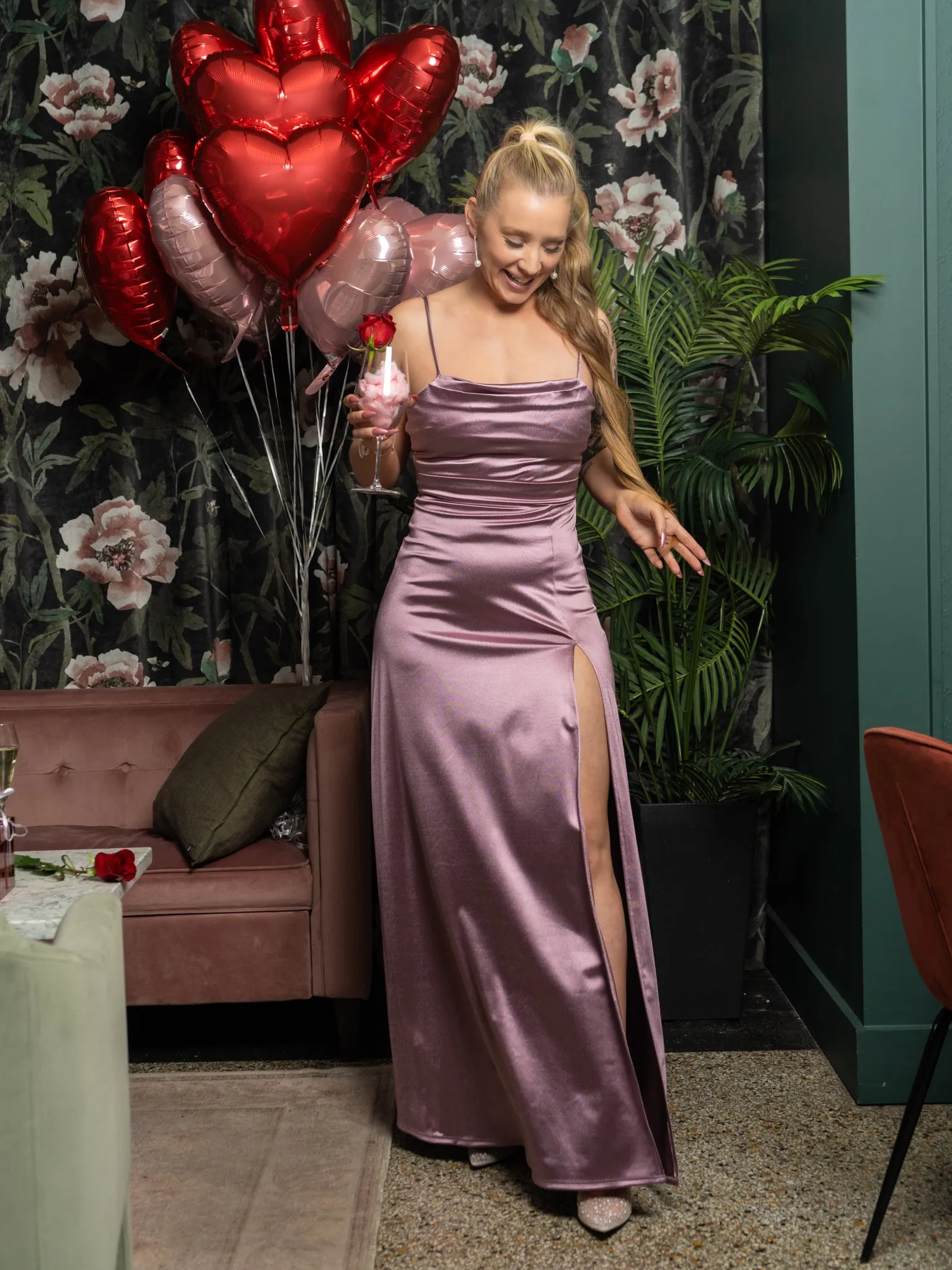 Stockholm Cowl Neck Satin Maxi Dress   Thigh Slit