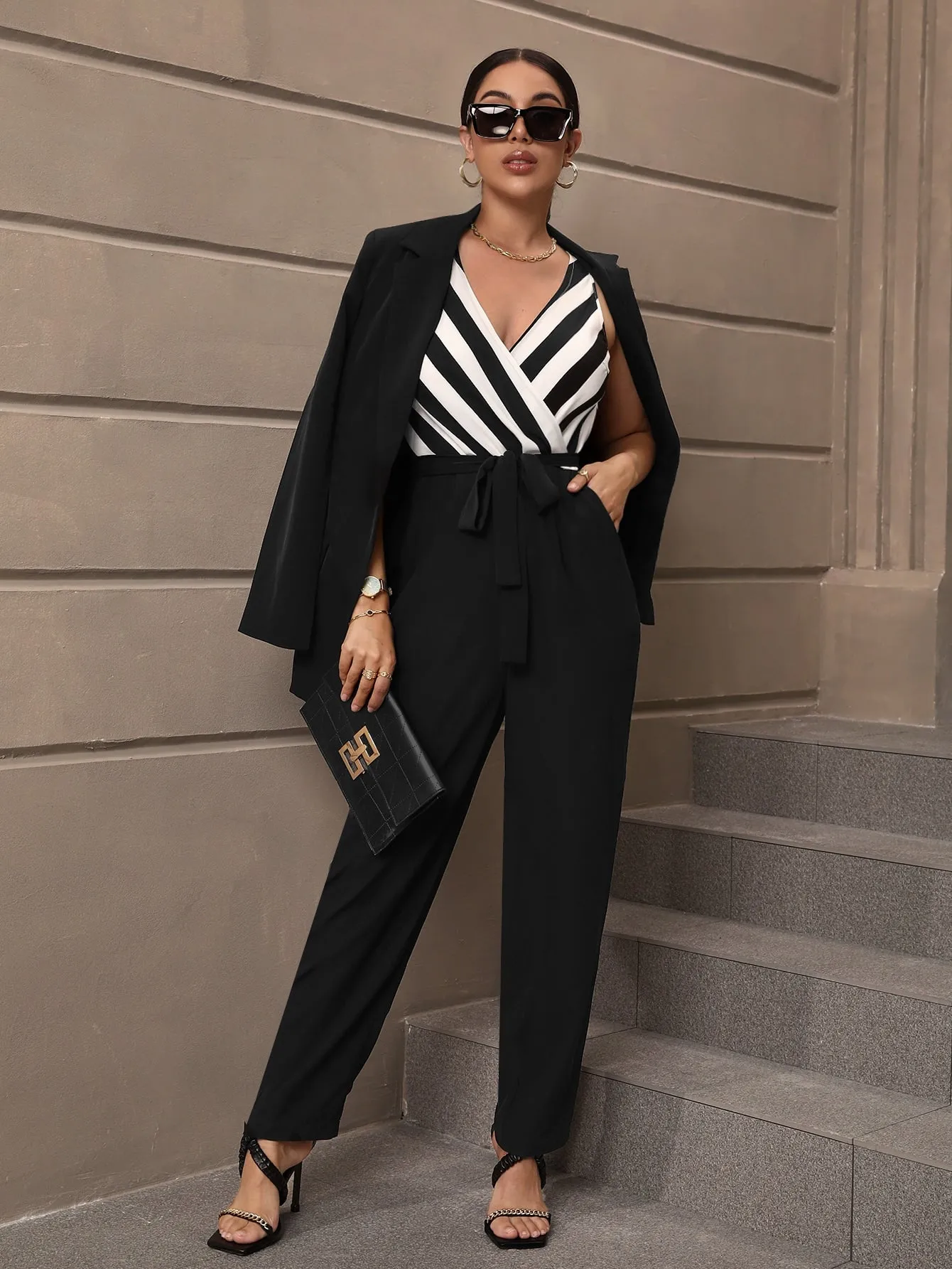 Striped Surplice V Neck Belted Jumpsuit