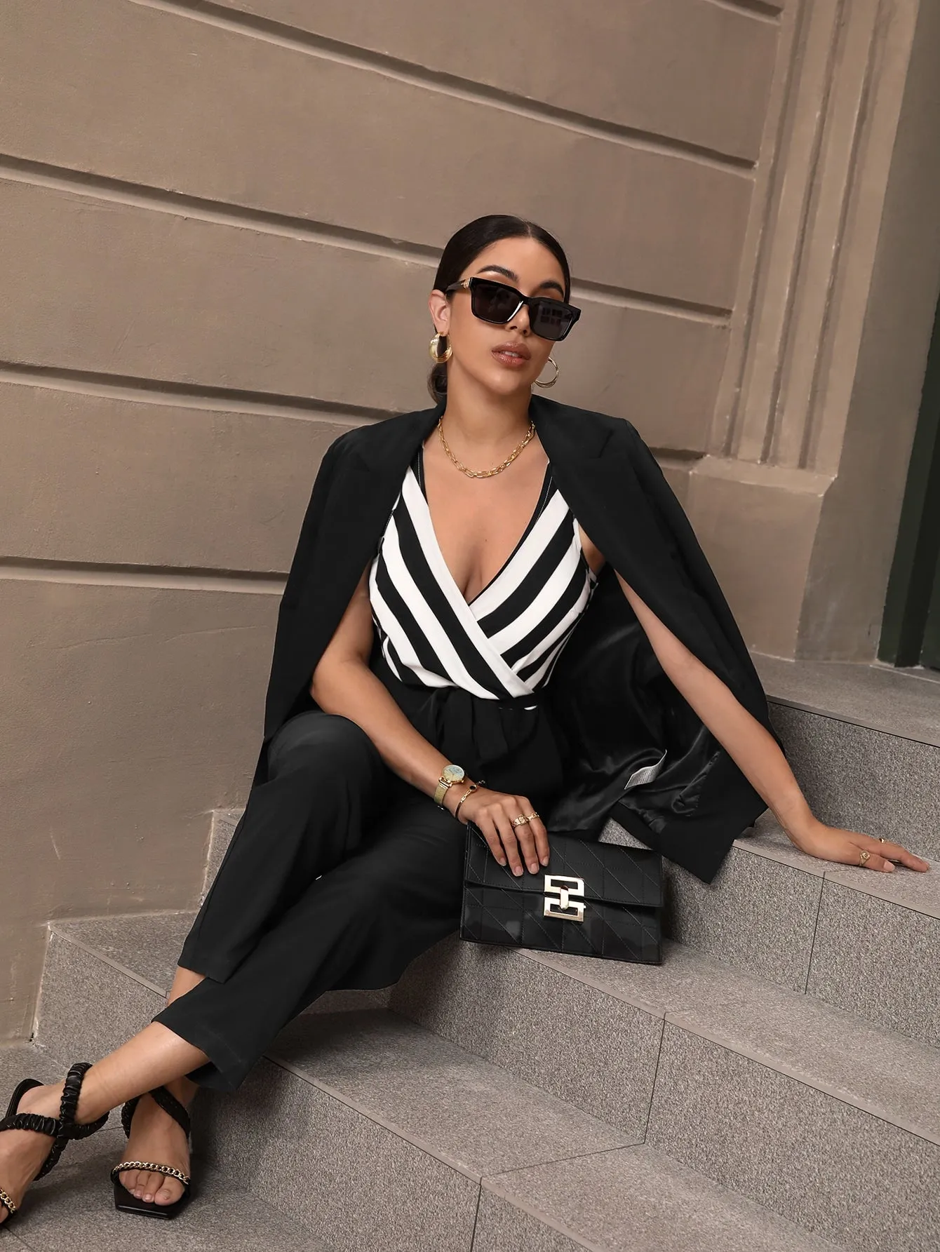 Striped Surplice V Neck Belted Jumpsuit