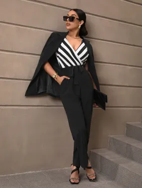 Striped Surplice V Neck Belted Jumpsuit