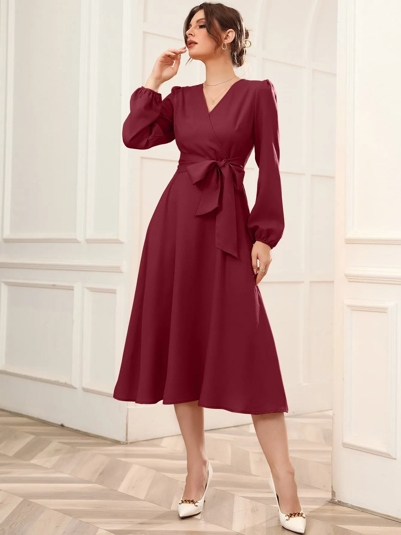 Surplice Neck Bishop Sleeve Belted Dress