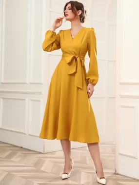 Surplice Neck Bishop Sleeve Belted Dress