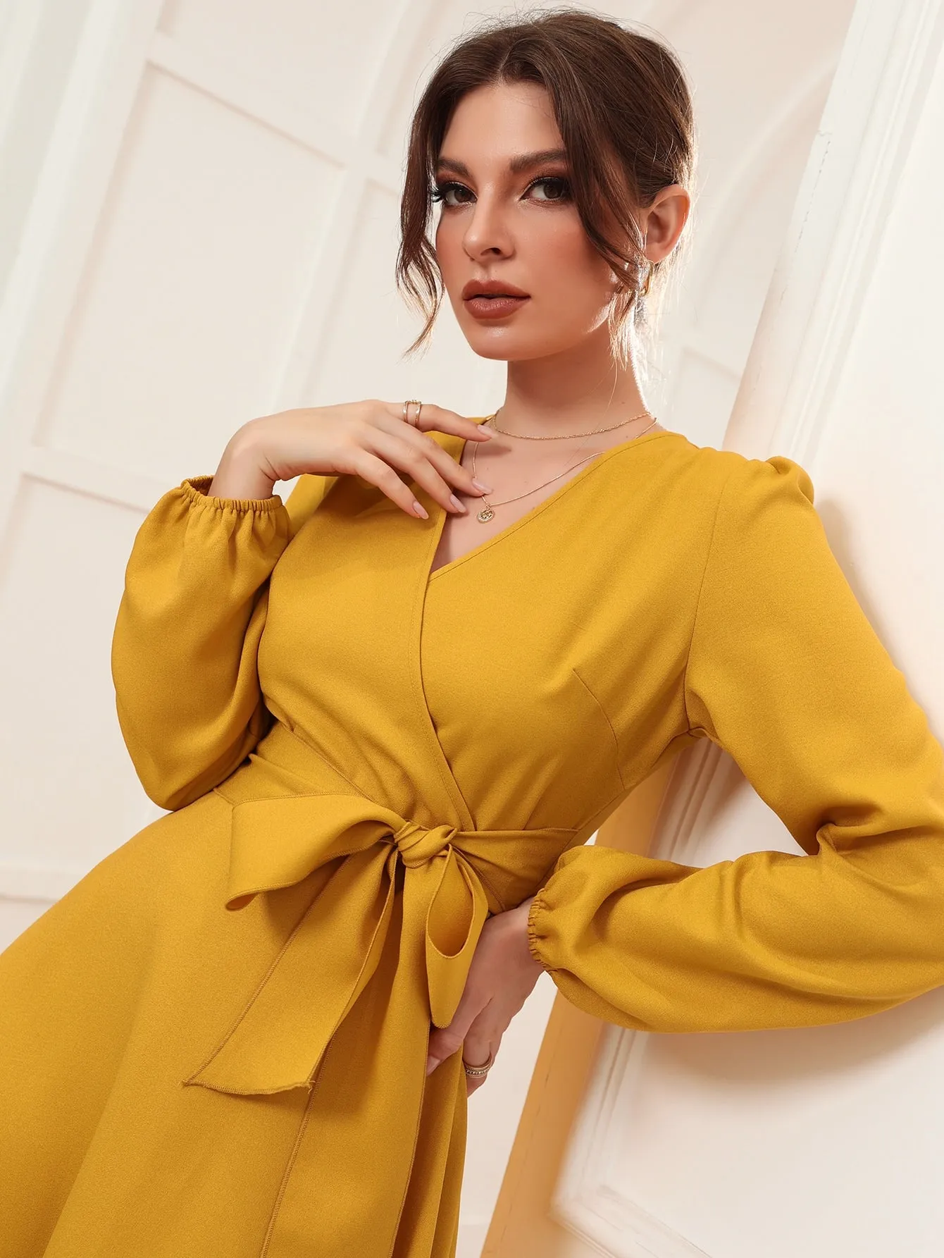 Surplice Neck Bishop Sleeve Belted Dress