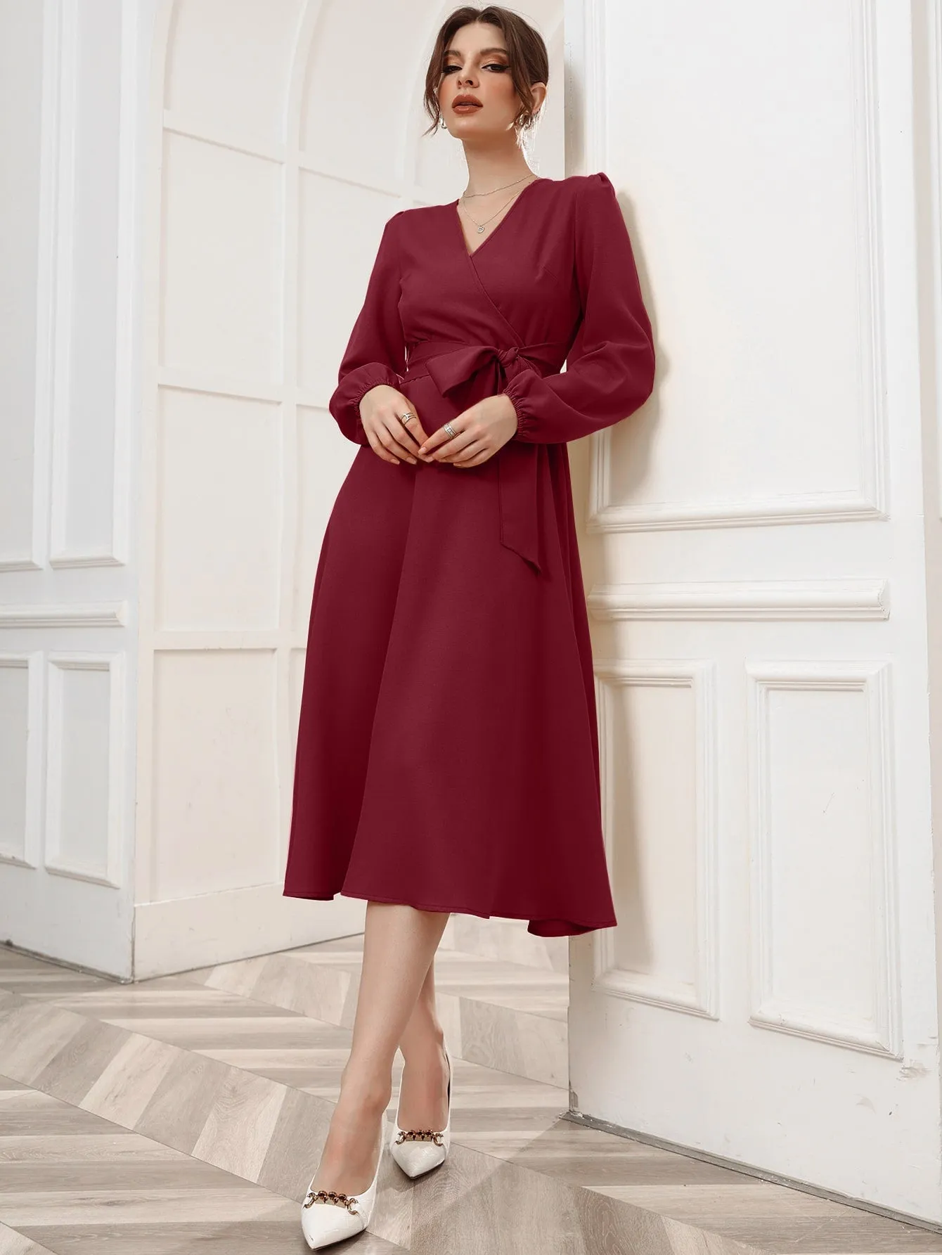 Surplice Neck Bishop Sleeve Belted Dress