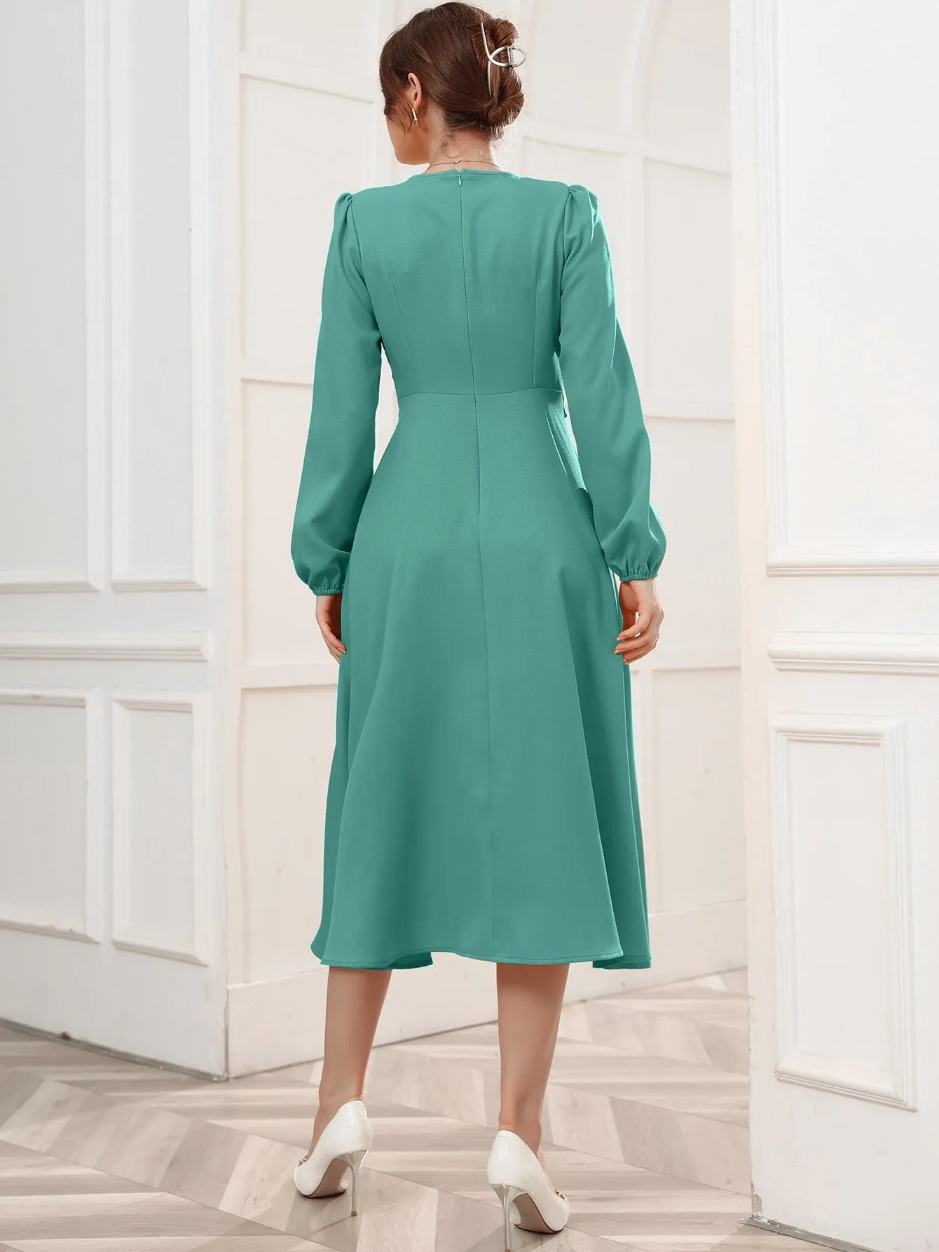 Surplice Neck Bishop Sleeve Belted Dress