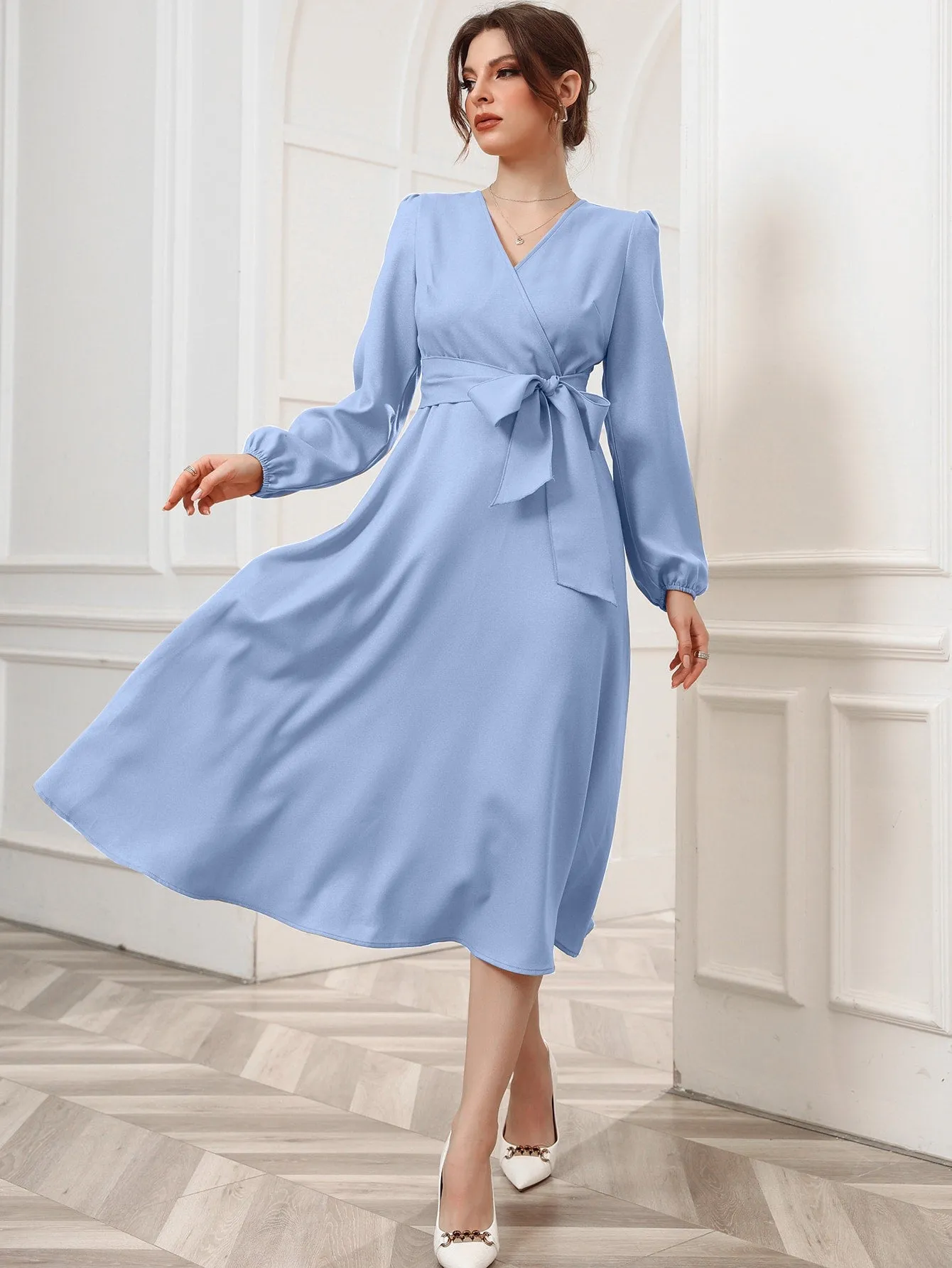Surplice Neck Bishop Sleeve Belted Dress
