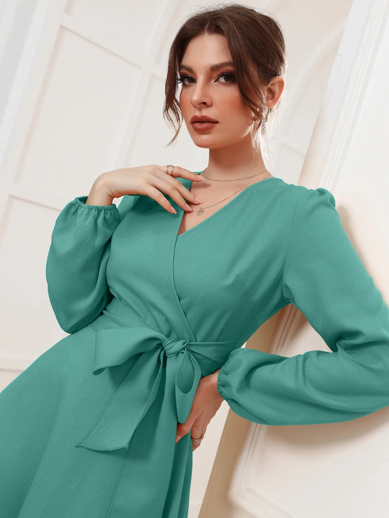 Surplice Neck Bishop Sleeve Belted Dress