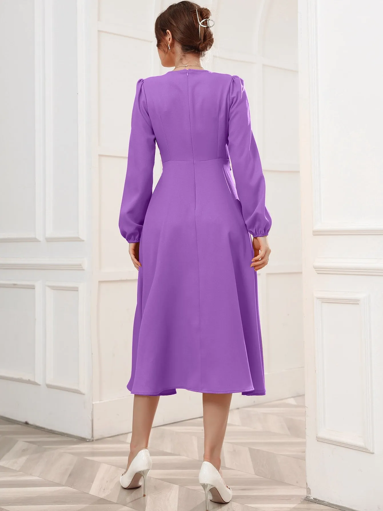 Surplice Neck Bishop Sleeve Belted Dress
