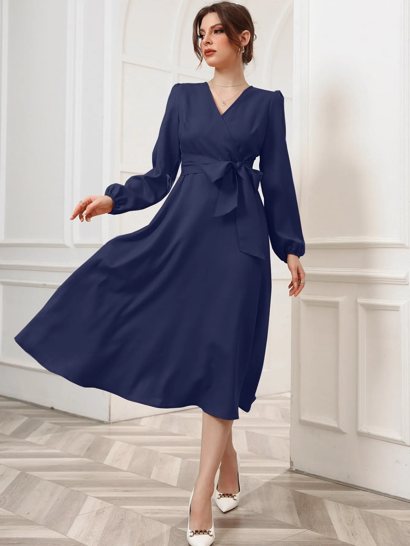 Surplice Neck Bishop Sleeve Belted Dress