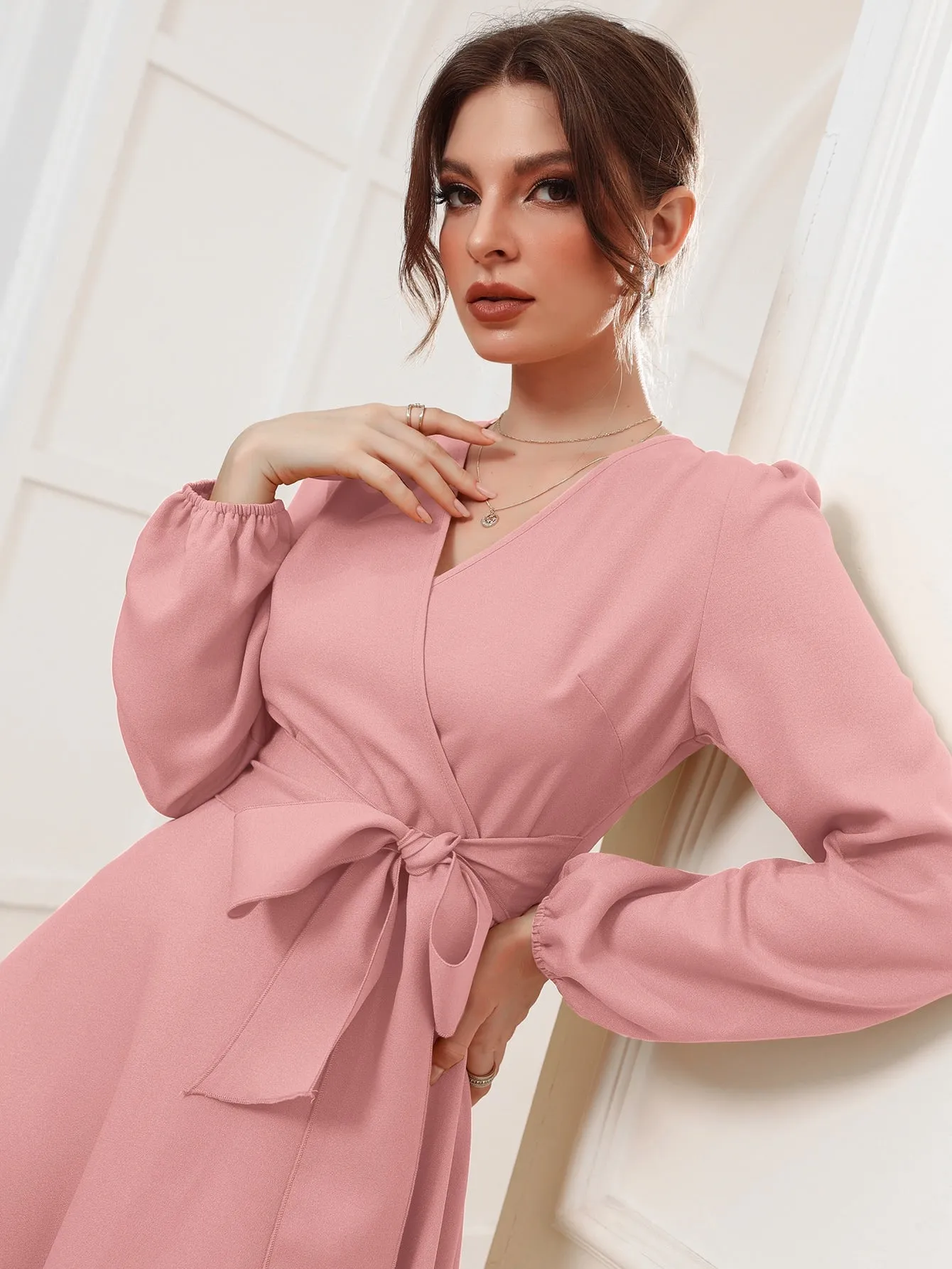 Surplice Neck Bishop Sleeve Belted Dress