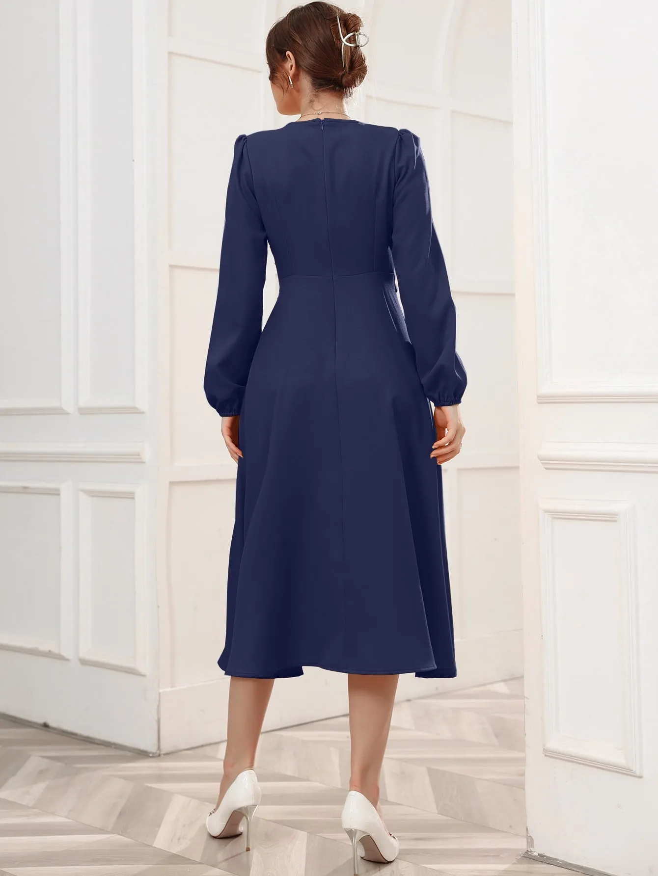 Surplice Neck Bishop Sleeve Belted Dress