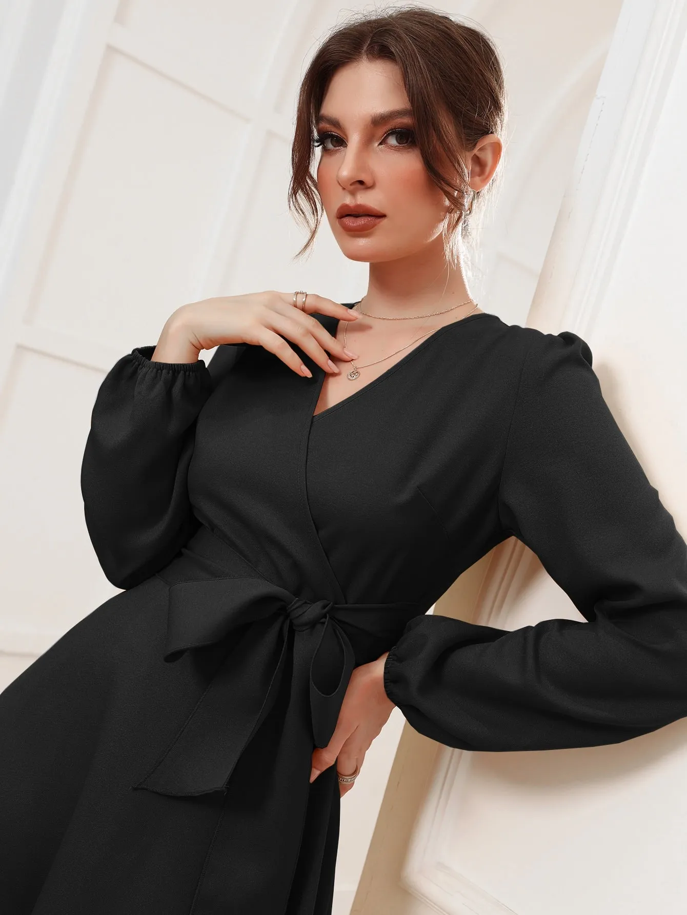 Surplice Neck Bishop Sleeve Belted Dress