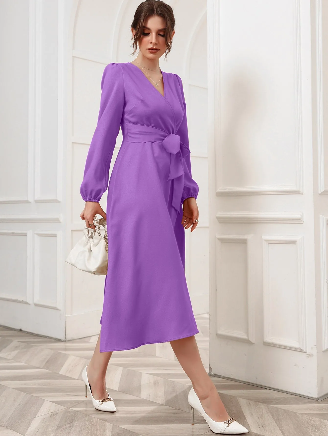 Surplice Neck Bishop Sleeve Belted Dress