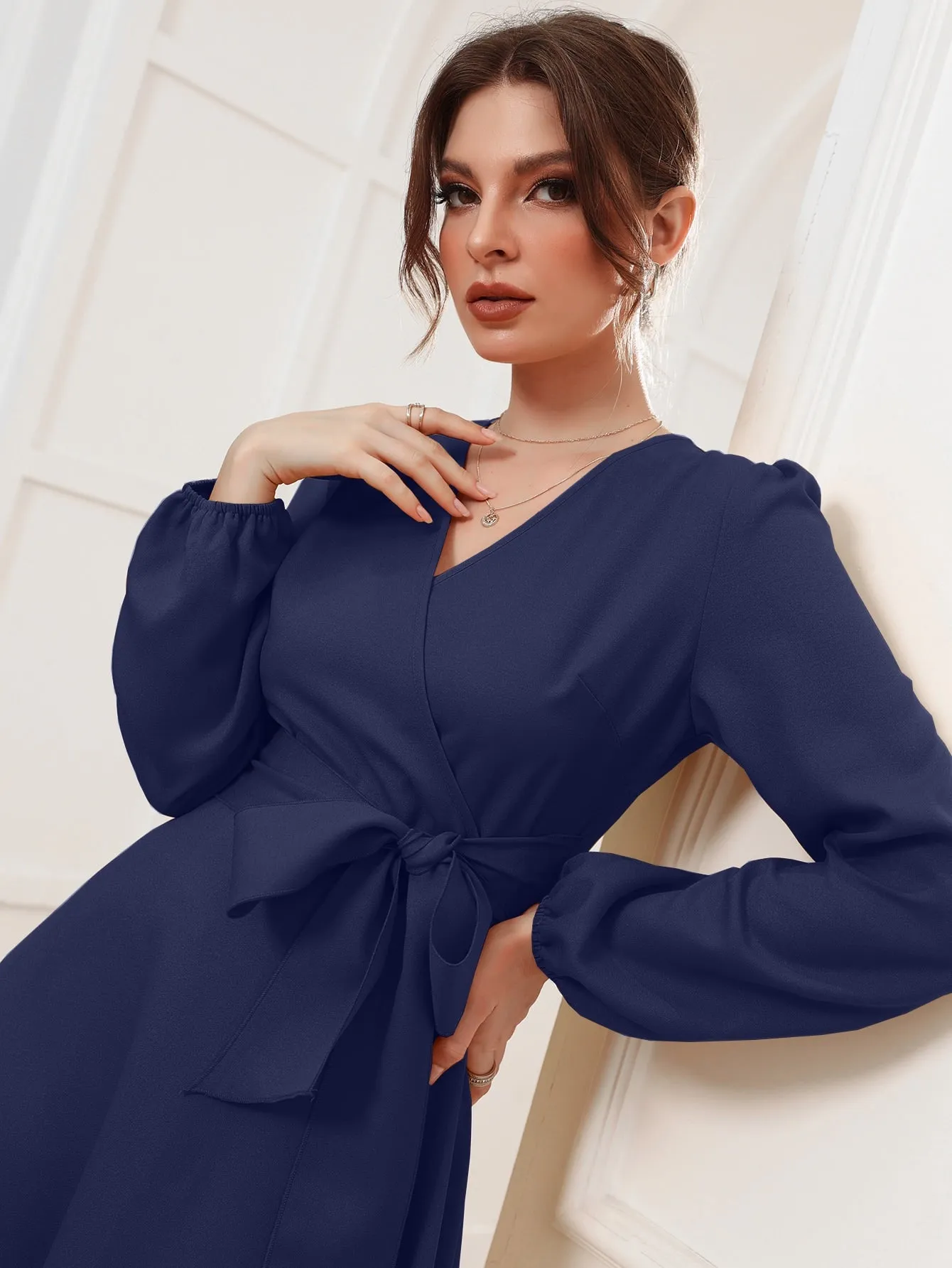 Surplice Neck Bishop Sleeve Belted Dress