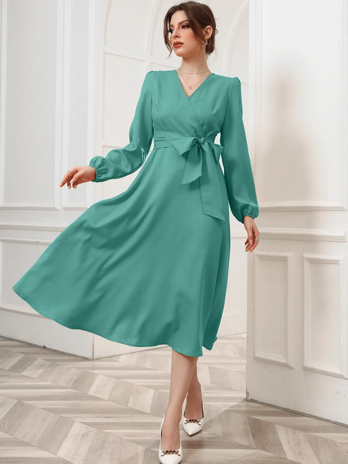Surplice Neck Bishop Sleeve Belted Dress