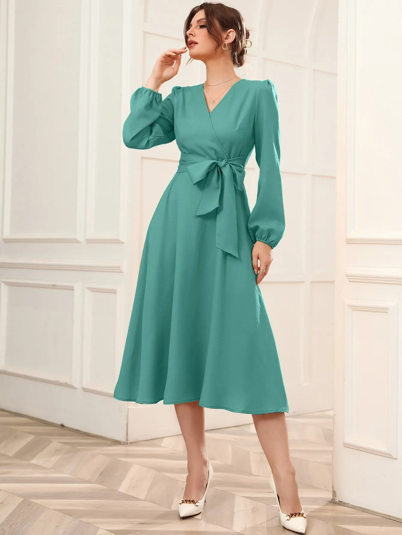 Surplice Neck Bishop Sleeve Belted Dress